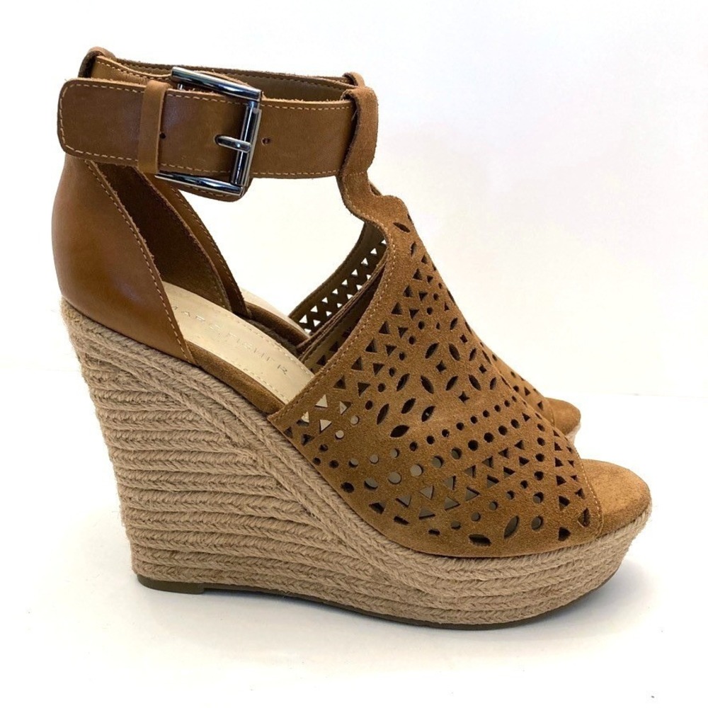 Marc Fisher Hasina Perforated Suede Espadrille Platform Wedges Brown Womens 7.5M